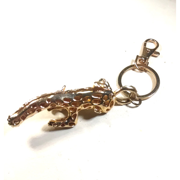 Leopard Rhinestone Keychain Gold Tone Black Green Rhinestone Keychain Purse Clip - Picture 6 of 6
